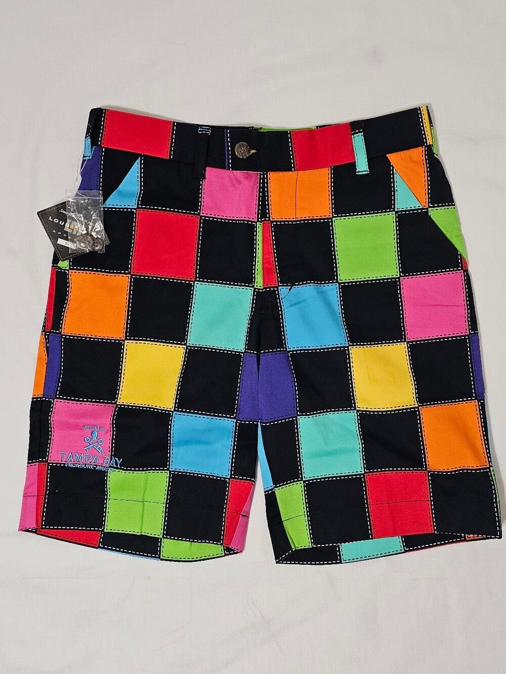 Loudmouth Golf Hollywood Squares Black Neon Patchwork Shorts Sz 30 NWT Tampa Bay